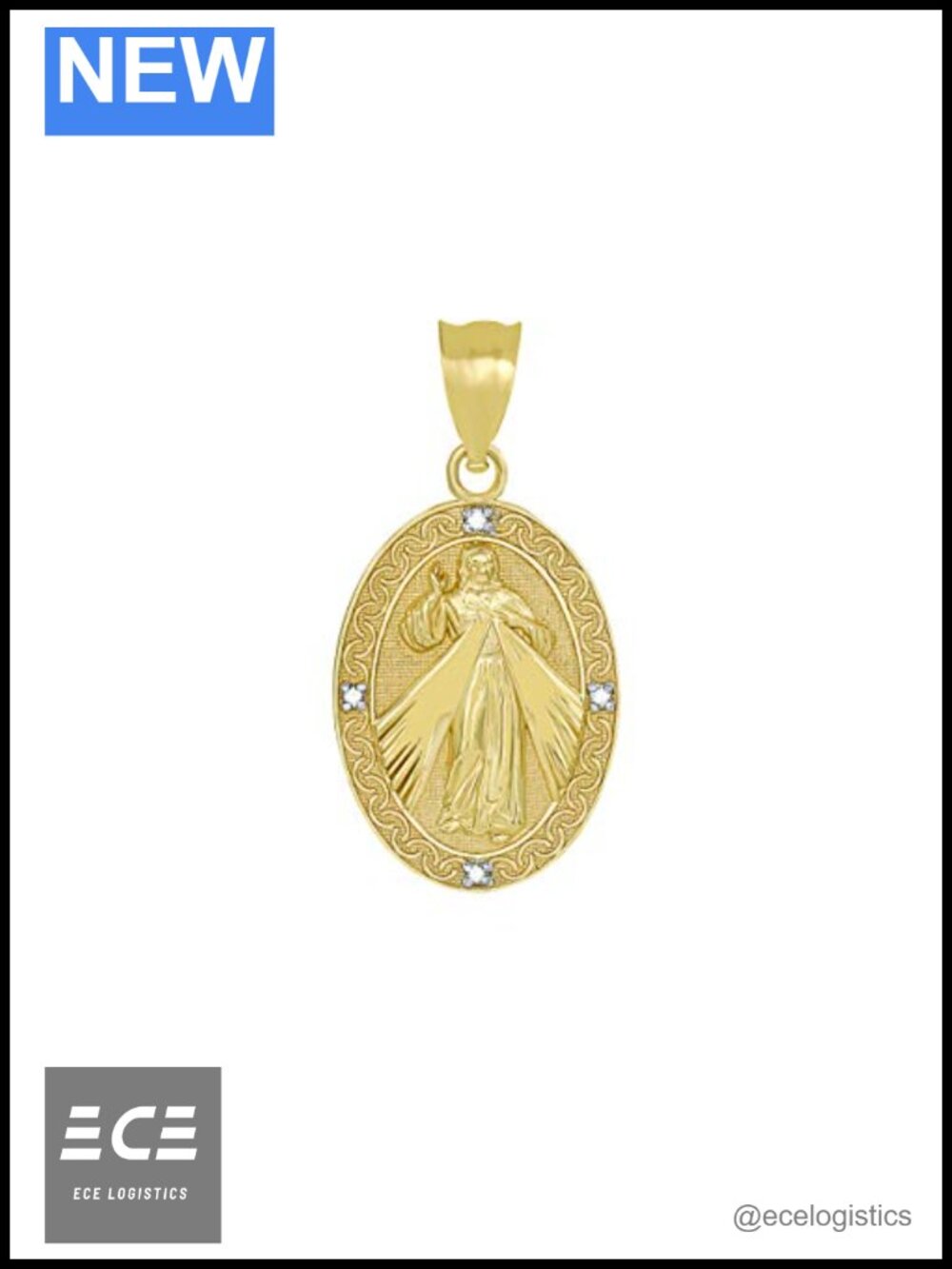 Solid 10K Yellow Gold Oval Divine Mercy Medal Diamond Pendant Charm